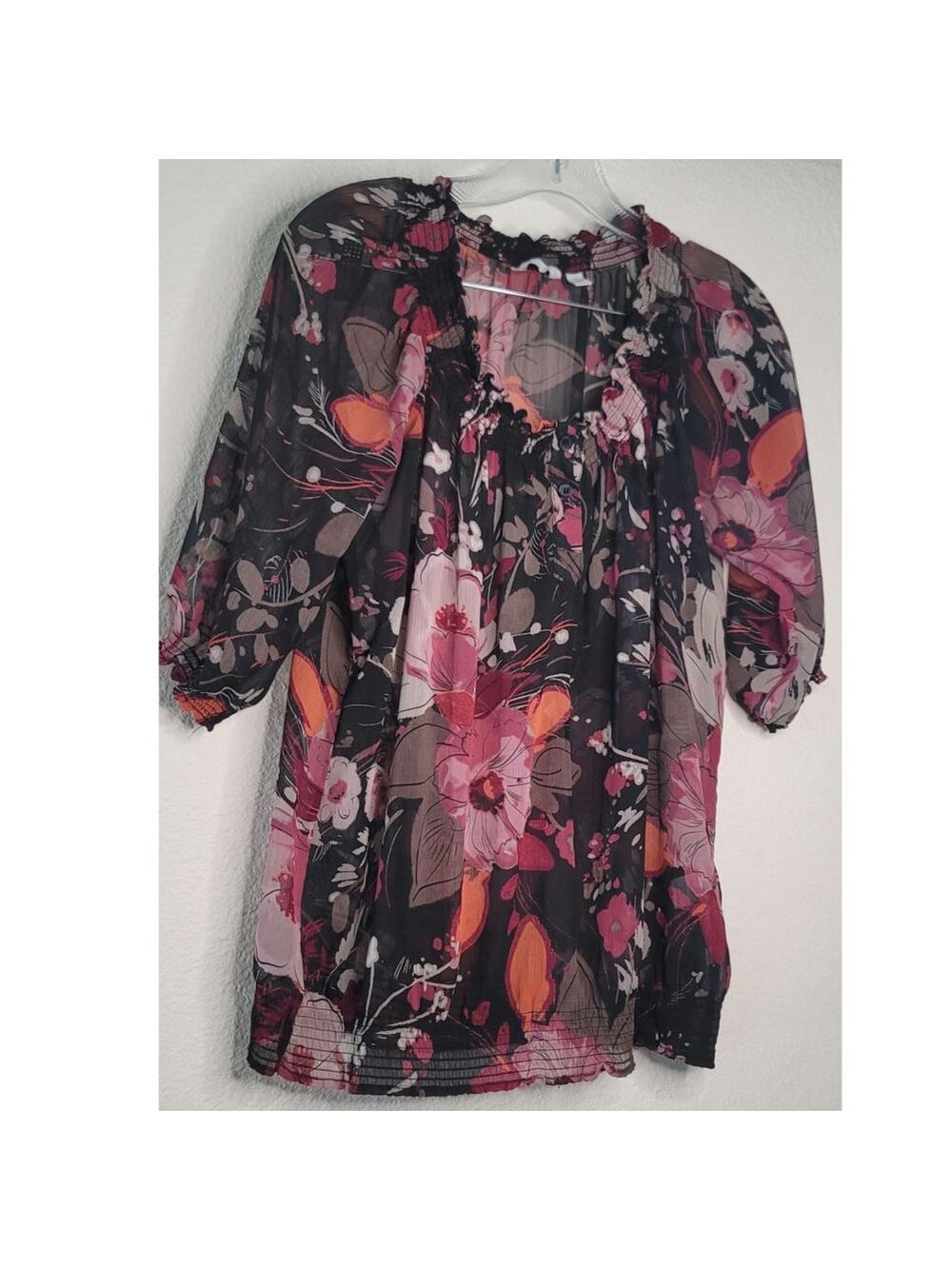 Bohemian-style Floral Blouse Vibtant Magenta Deep Red, Orange Dark Background M